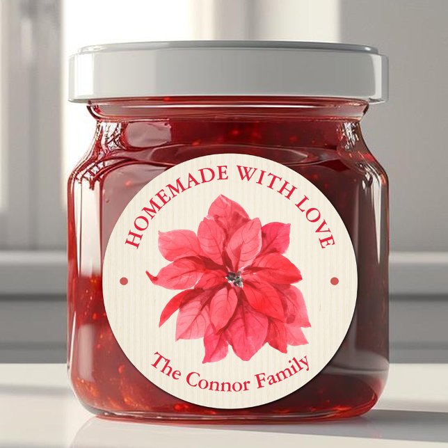 Pegatina Redonda Hecho en Casa con Amor Floral de Navidad (Homemade With Love Christmas Floral Poinsettia 3" Round Stickers)