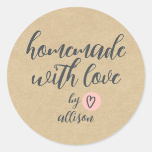 Pegatina Redonda Hecho en casa con amor Papel Kraft Personalizado