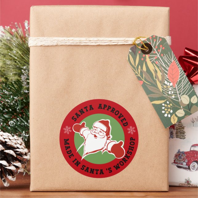 Pegatina Redonda Hecho en el Taller de Santa Regalo Rojo (Vacaciones)