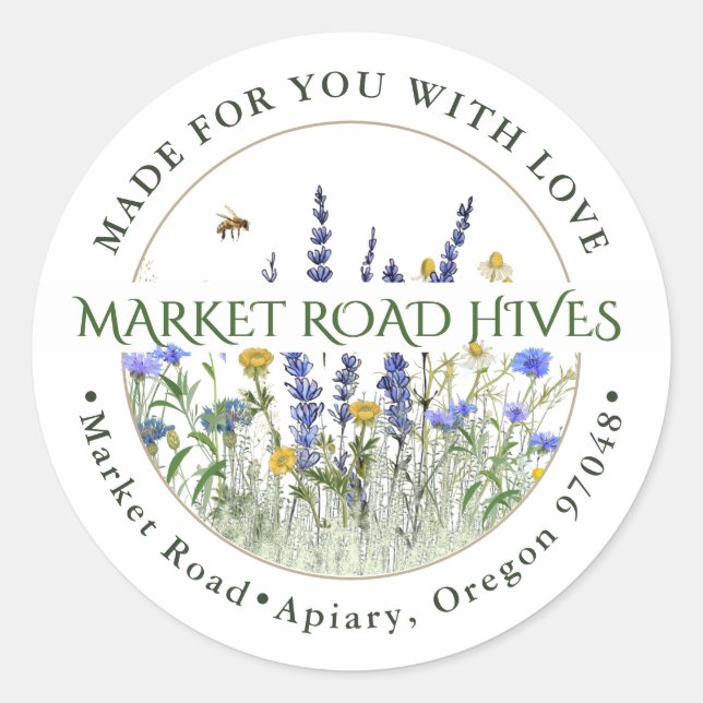 Pegatina Redonda Hecho para ti con amor Flor silvestre Apiary Honey (Anverso)