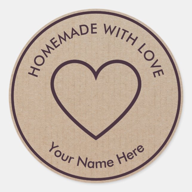 Pegatina Redonda Hechos a mano caseros con amor Brown Kraft Classic (Anverso)