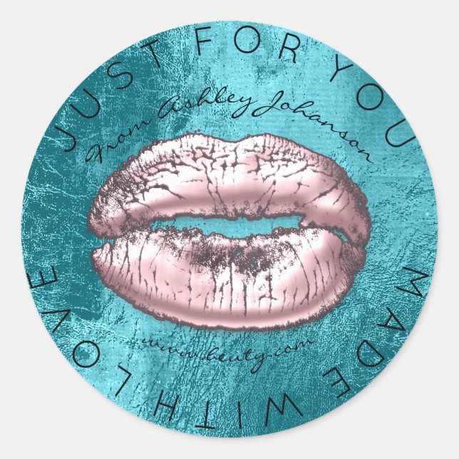 Pegatina Redonda Hechos con amor Beso rosa Levantamientos de maquil (Anverso)