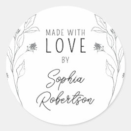 Pegatina Redonda Hechos con amor Línea personalizada Arte Floral Cl