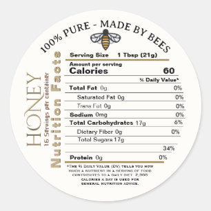 Pegatina Redonda Hechos de nutrición de miel 100% PURE con abeja de