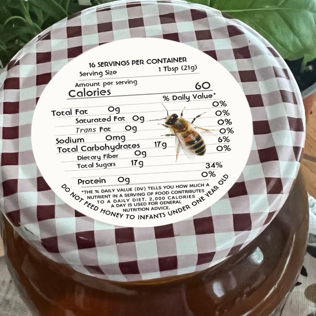 Pegatina Redonda Hechos de nutrición de miel con advertencia y abej (Subido por el creador)