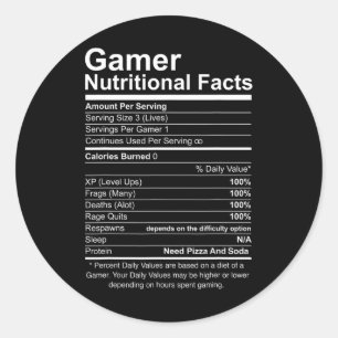 Pegatina Redonda Hechos Nutricionales Juego de Video Guay Gamer Fun
