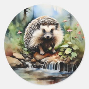 Pegatina Redonda Hedgehog Animal de acuarela