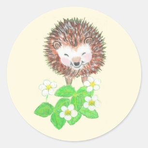 Pegatina Redonda Hedgehog bebé y flores de fresa silvestres