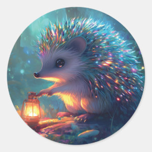 Pegatina Redonda Hedgehog caprichoso y linterna en un bosque encant