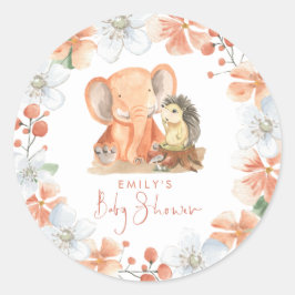 Pegatina Redonda Hedgehog Elephant Florals Nombre Chica Baby Shower