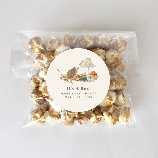 Pegatina Redonda Hedgehog Grasshopper Mushroom Woodland Baby Shower (Subido por el creador)