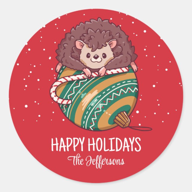 Pegatina Redonda Hedgehog Navidad Ornamento Snowy vacaciones de inv (Anverso)