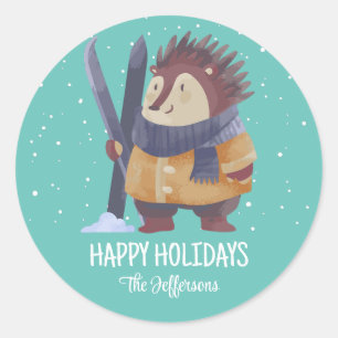 Pegatina Redonda Hedgehog Navidades de Animal Snowy vacaciones de i