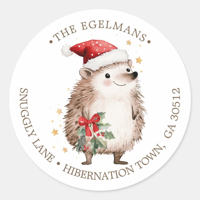 Pegatina Redonda Hedgehog Santa Hat Christmas Return Address Label (Anverso)