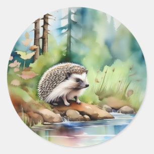 Pegatina Redonda Hedgehog Watercolor Cute