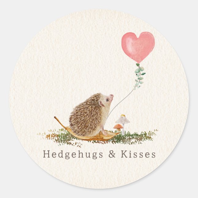 Pegatina Redonda Hedgehugs & Kisses Hedgehog Globo rosa Valentín (Anverso)