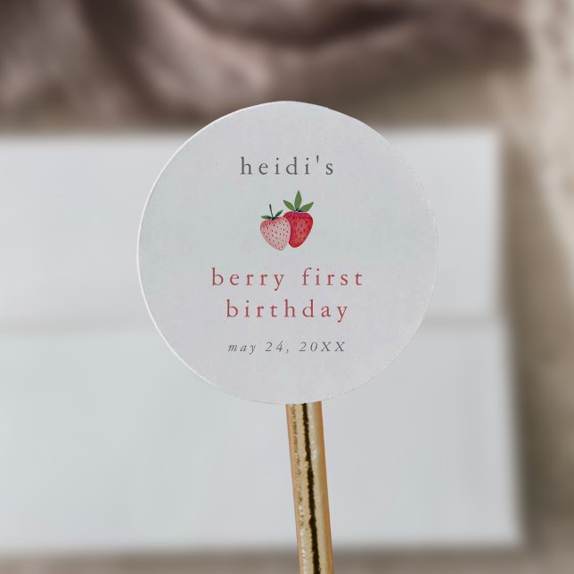 Pegatina Redonda HEIDI Chica de fresa rosa Berry Primer cumpleaños (HEIDI Pink Strawberry Girl Berry First Birthday Classic Round Sticker)