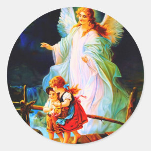 Pegatina Redonda Heiliger Schutzengel Guardian Angel and Children