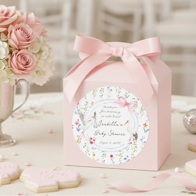 Pegatina Redonda Heirloom Rose Bow and Stork Baby Shower Thank You (Subido por el creador)