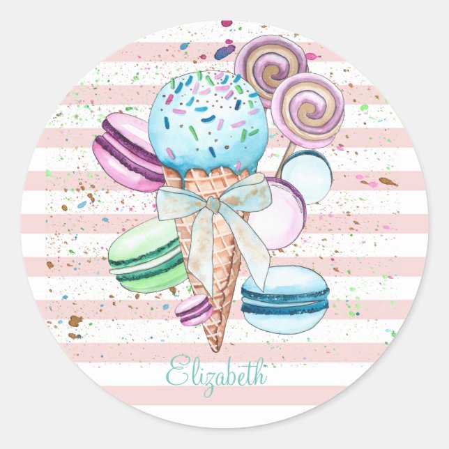 Pegatina Redonda Helado acuático, Macarons, Rayas rosas (Anverso)