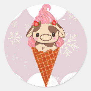 Pegatina Redonda Helado Cow Sweet Cone Snow Strawberry Winter