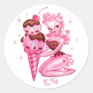 Pegatina Redonda Helado Cream Pin Up Doll -Salsa de chocolate de ce