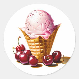 Pegatina Redonda Helado de fresa en cono con cerezas