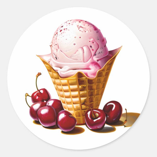 Pegatina Redonda Helado de fresa en cono con cerezas (Anverso)