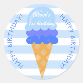 Pegatina Redonda Helado dulce primer cumpleaños fiesta niño azul