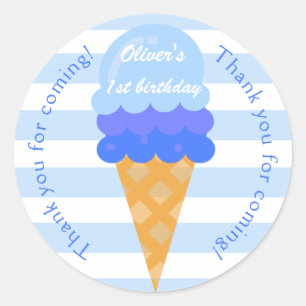 Pegatina Redonda Helado dulce primer cumpleaños fiesta niño azul
