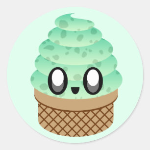 Pegatina Redonda helado kawaii de menta con chispas de chocolate