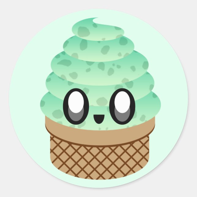 Pegatina Redonda helado kawaii de menta con chispas de chocolate (Anverso)