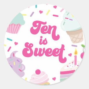 Pegatina Redonda Helado y Pastel Diez es Dulce Cumpleaños 10