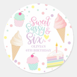 Pegatina Redonda Helado y pastel dulce y descarado cumpleaños 6