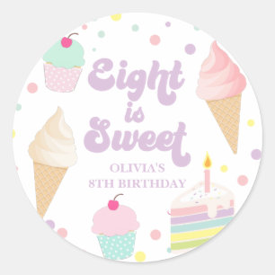 Pegatina Redonda Helado y pastel ocho es dulce cumpleaños 8