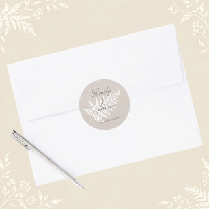 Pegatina Redonda Helecho Blanco Mocha Taupe Botánico Minimalista