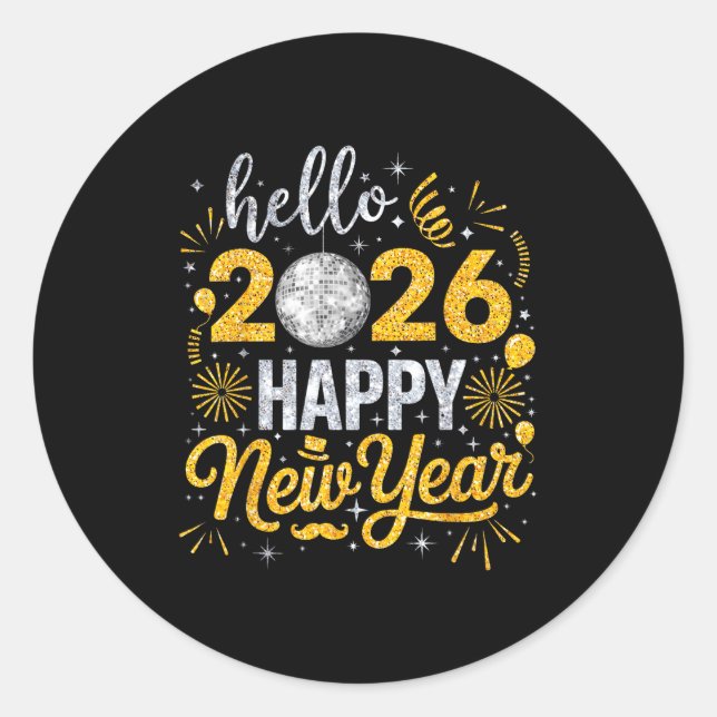 Pegatina Redonda Hello 2026 Happy New Year Fireworks Balloons Famil (Anverso)