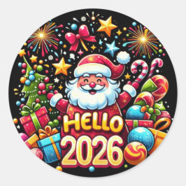 Pegatina Redonda Hello 2026 Santa Claus Christmas New Year