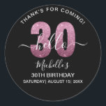 Pegatina Redonda Hello 30! Modern 30th birthday Pink glitter<br><div class="desc">Hello 30! Invite your friends and family to celebrate the 30th birthday with this modern design. The design features a black background, the numbers thirty in faux pink glitter, with an elegant pink glitter background, elegant calligraphy script, a modern birthday template that's easy to personalize, Don't think about it and...</div>