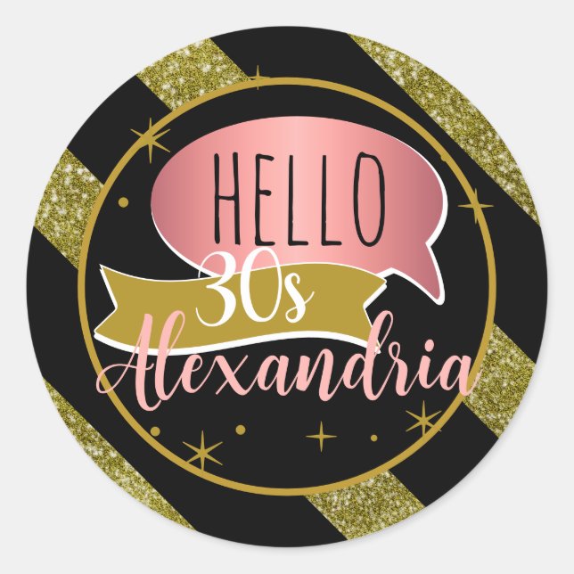 Pegatina Redonda hello 30 Personalized birthday gold glitter stripe (Anverso)