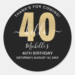 Pegatina Redonda Hello 40! Fun 40th birthday Golden glitter