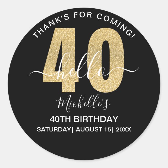 Pegatina Redonda Hello 40! Fun 40th birthday Golden glitter (Anverso)