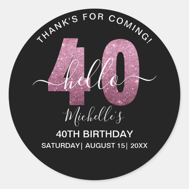 Pegatina Redonda Hello 40! Fun 40th birthday Pink glitter (Anverso)