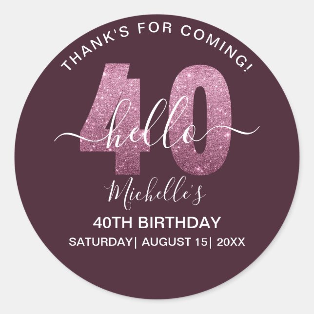 Pegatina Redonda Hello 40! Fun 40th birthday Pink glitter (Anverso)