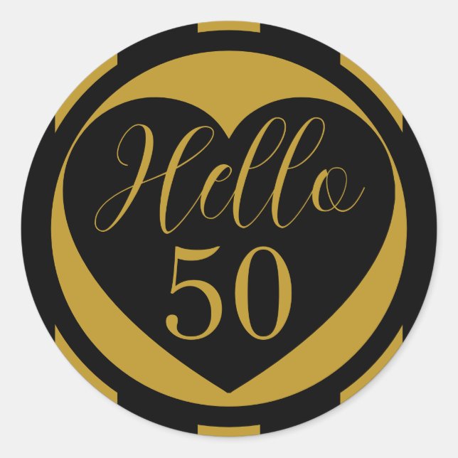 Pegatina Redonda Hello 50 50th Birthday Black and Gold (Anverso)
