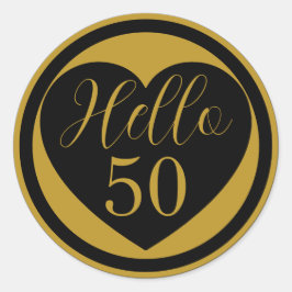 Pegatina Redonda Hello 50 50th Birthday Black and Gold Heart 