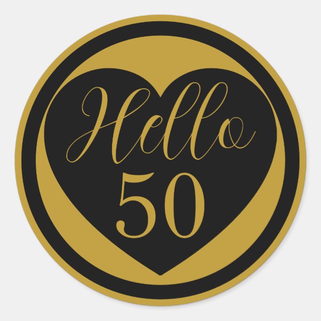 Pegatina Redonda Hello 50 50th Birthday Black and Gold Heart  (Anverso)