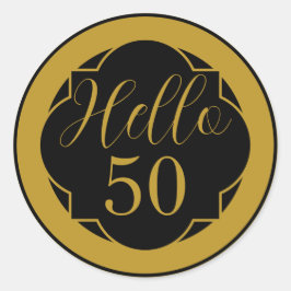 Pegatina Redonda Hello 50 Birthday Black Gold Decorative Border