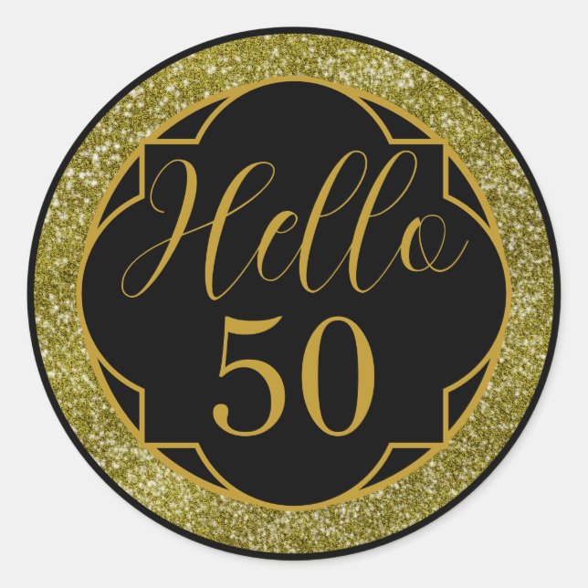 Pegatina Redonda Hello 50 Birthday Black Gold Glitter (Anverso)