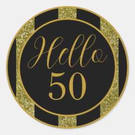 Pegatina Redonda Hello 50 Birthday Black Gold Glitter Stripes